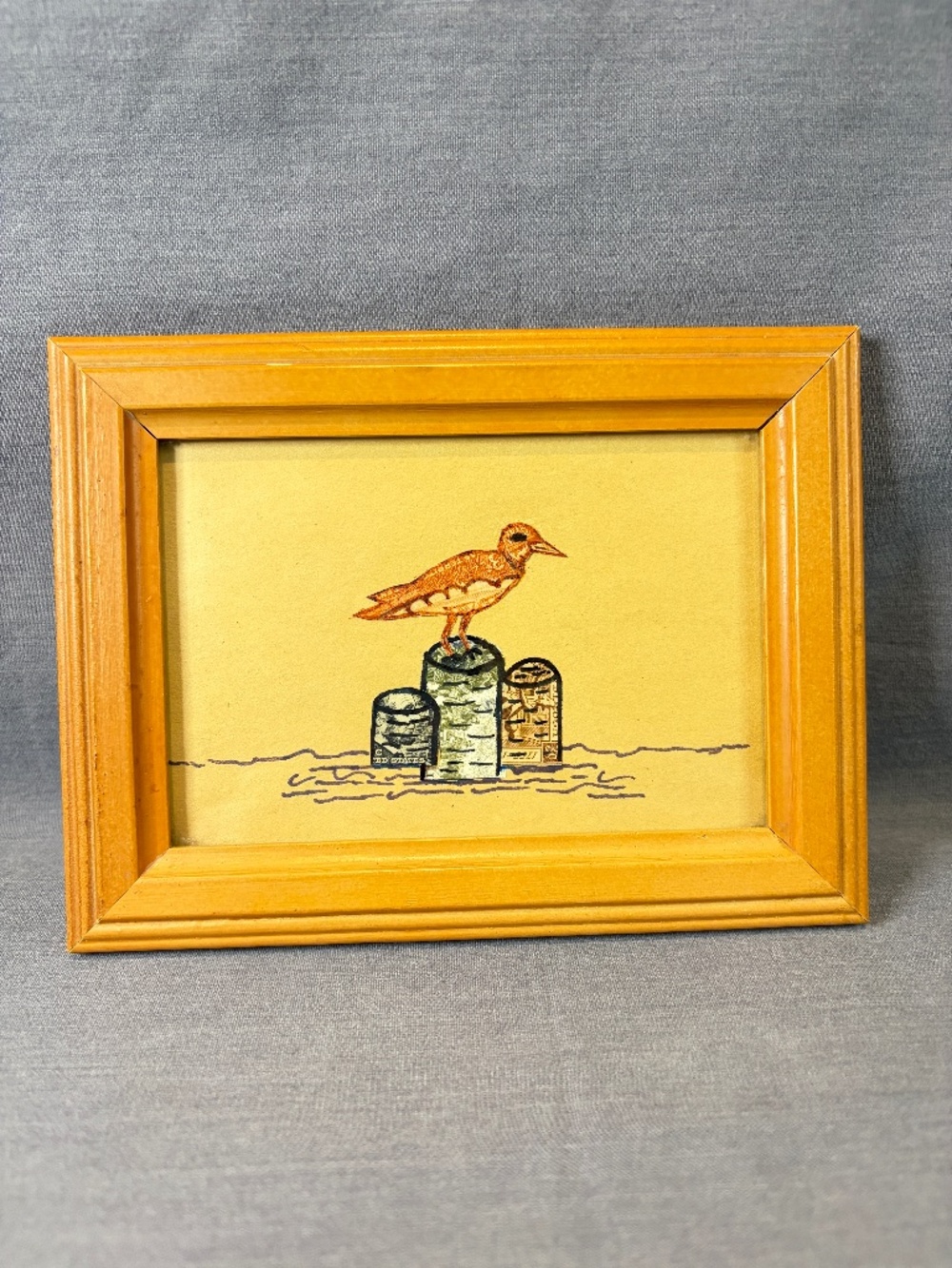 Seagull Postage Stamp Drawing Framed Artwork Ocean Sea Unsigned One-Of-A-Kind